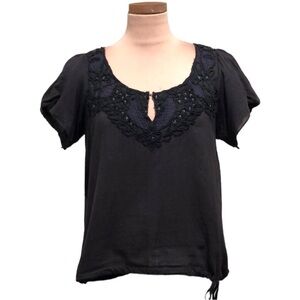 Free People Blouse Size Small Gray Floral Embroidered Appliqué